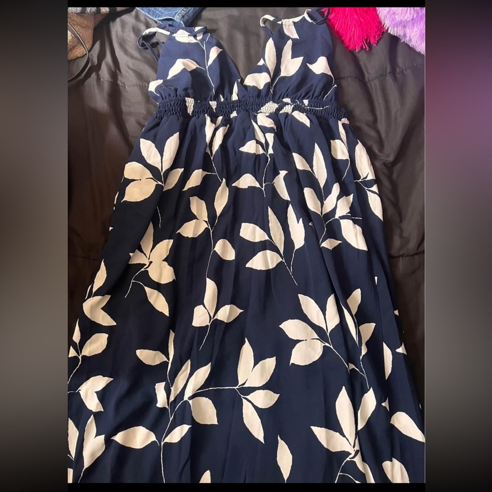 Navy and White Leaf Print Dress